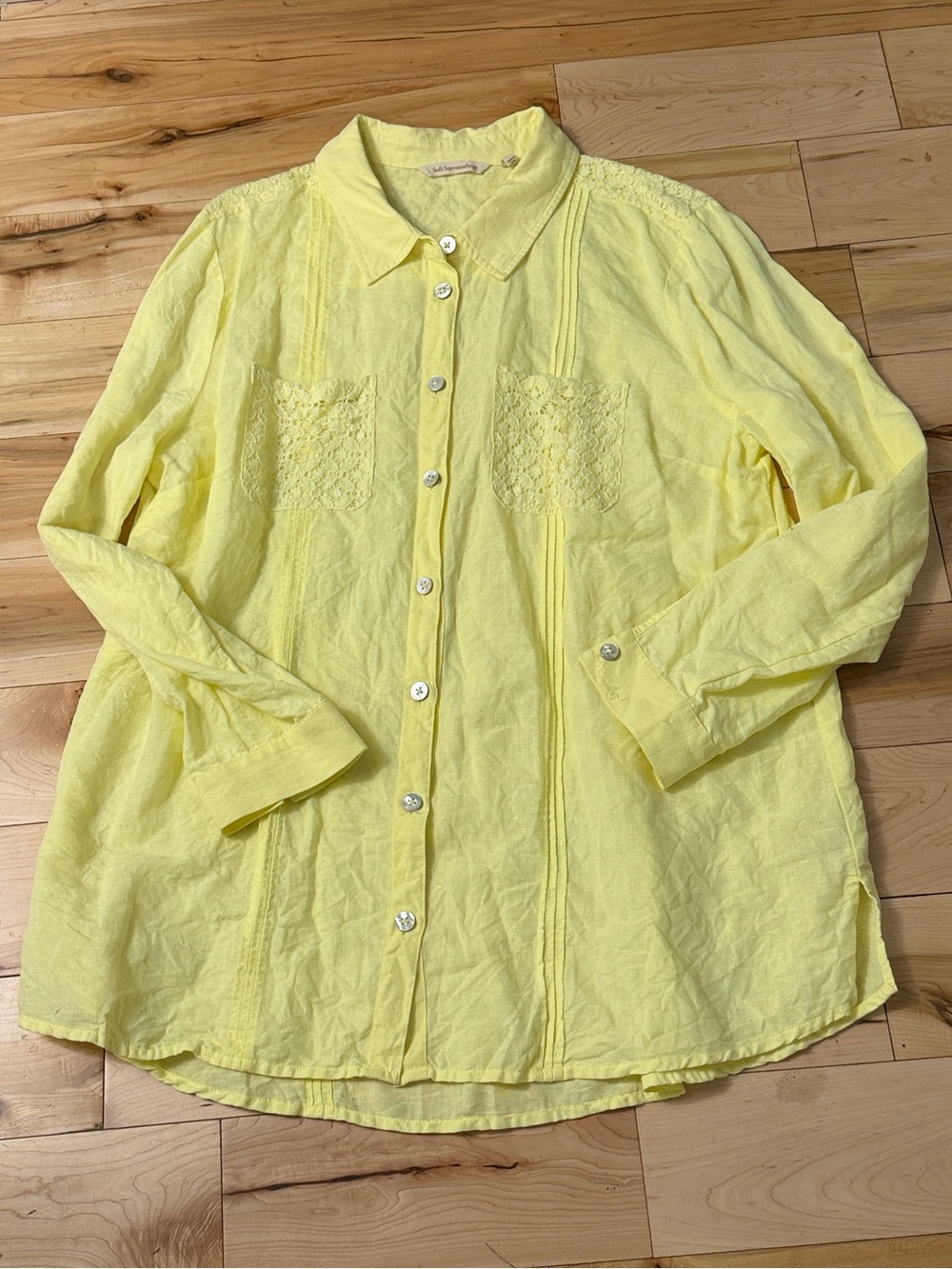SOFT SURROUNDINGS Yellow Surfspray Crocket Lace Cotton Blouse Size XL
